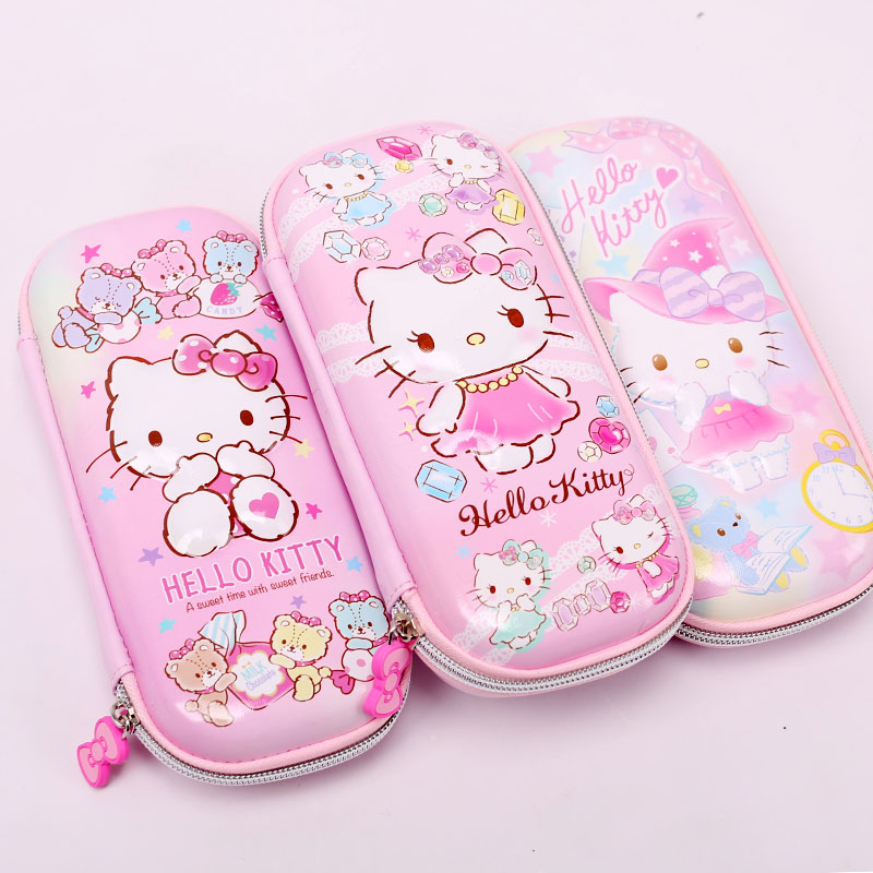 Hello primary school students' stationery box girls cute large-capacity pencil case pink pencil case light hard shell KT gift