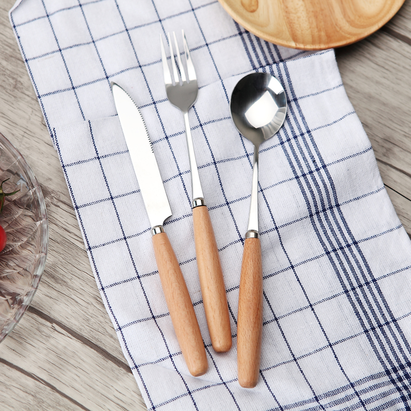 Informs the stainless steel cutlery knife and fork spoon, three - piece fruit fork fork wooden spoon, wooden handle western tableware