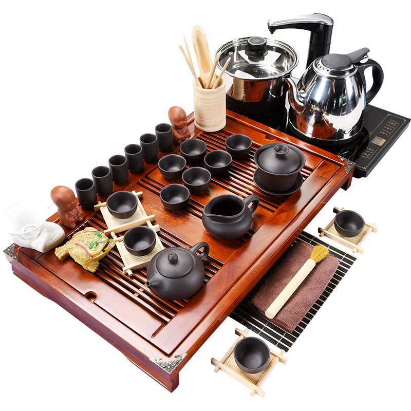 Beauty cabinet kung fu tea set of household solid wood, purple sand pottery and porcelain of a complete set of tea cups contracted ground tea tea tea taking