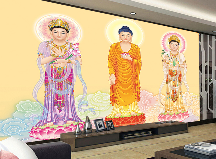 西方三圣壁纸壁画佛堂寺庙宗教玄关客厅背景佛像如来佛祖背景墙纸