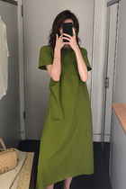 A T-shirt skirt long womens summer new casual knee long skirt loose thin avocado green dress