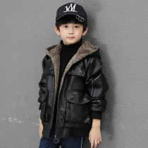 Boys leather clothing 2021 winter clothes new large childrens boy jacket Korean version of foreign style plus velvet thickened coat tide