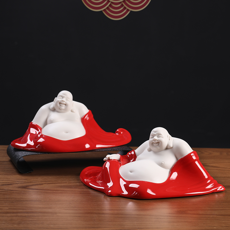 Oriental red clay ceramic China smiling Buddha maitreya furnishing articles dehua white porcelain its art desktop decoration