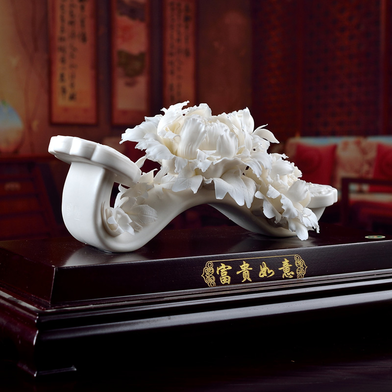 Oriental soil dehua white porcelain its art of Chinese style hand knead peony decorative furnishing articles/prosperous fortunes