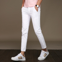 White casual pants mens ankle-length pants slim feet mens white pants college students elastic 9-point pants summer tide men