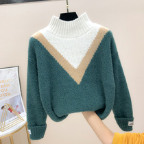 Chenille color-matched semi-high collar loose lazy wind sweater womens autumn and winter New asymmetric open knitted sweater