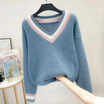 Lazy wind loose large size sweater womens thick pullover V-neck bright silk color Chenille Korean version of the sweater outside the winter