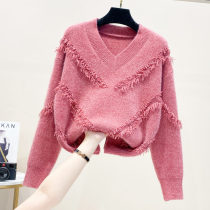 Chicken heart loosened sweater long sleeve outer wearing knitted shirt 2021 Fall and Winter V collar thickened Shinier coat