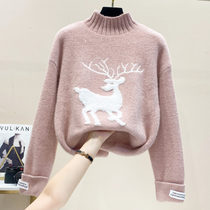 Semi-high-collar cartoon bright shirt shirt with loose sleeve thickness knitted blouse to keep warm autumn and winter