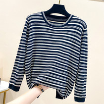 Spring and Autumn New loose pullover sweater womens striped hemp pattern jacquard seven-point sleeve round neck wool T-shirt top