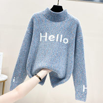 Letter Jacquard 2021 New sweater loose lazy wind women wear Joker sweater half high collar base shirt