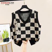 Checkerboard lattice jacquard outwear needle weaselwear woman vests 100 hitch V collar sleeveless spring autumn new pimmy waistcoat small sub-bottom