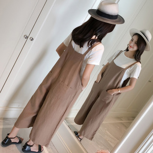 棉麻背带阔腿裤女2019新款春秋韩版宽松直筒高腰显瘦吊带连体裤子