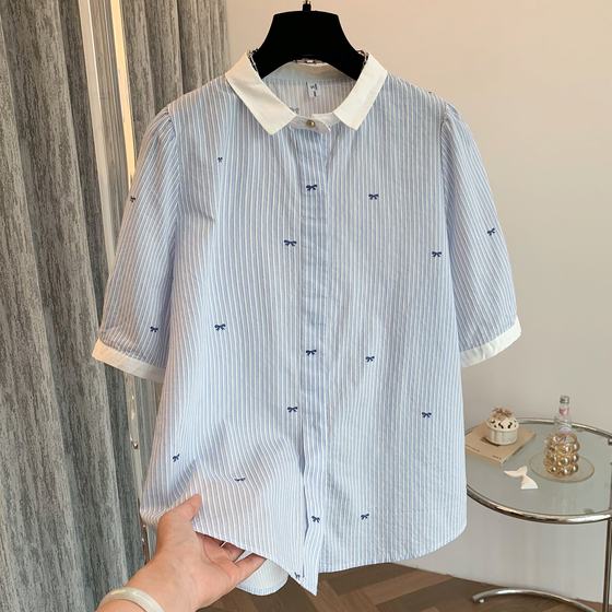 Blue striped shirt short sleeve literary fresh bow print fashionable spliced cotton summer women's shirt
Blue striped shirt short sleeve literary fresh bow print fashionable spliced cotton summer women's shirt