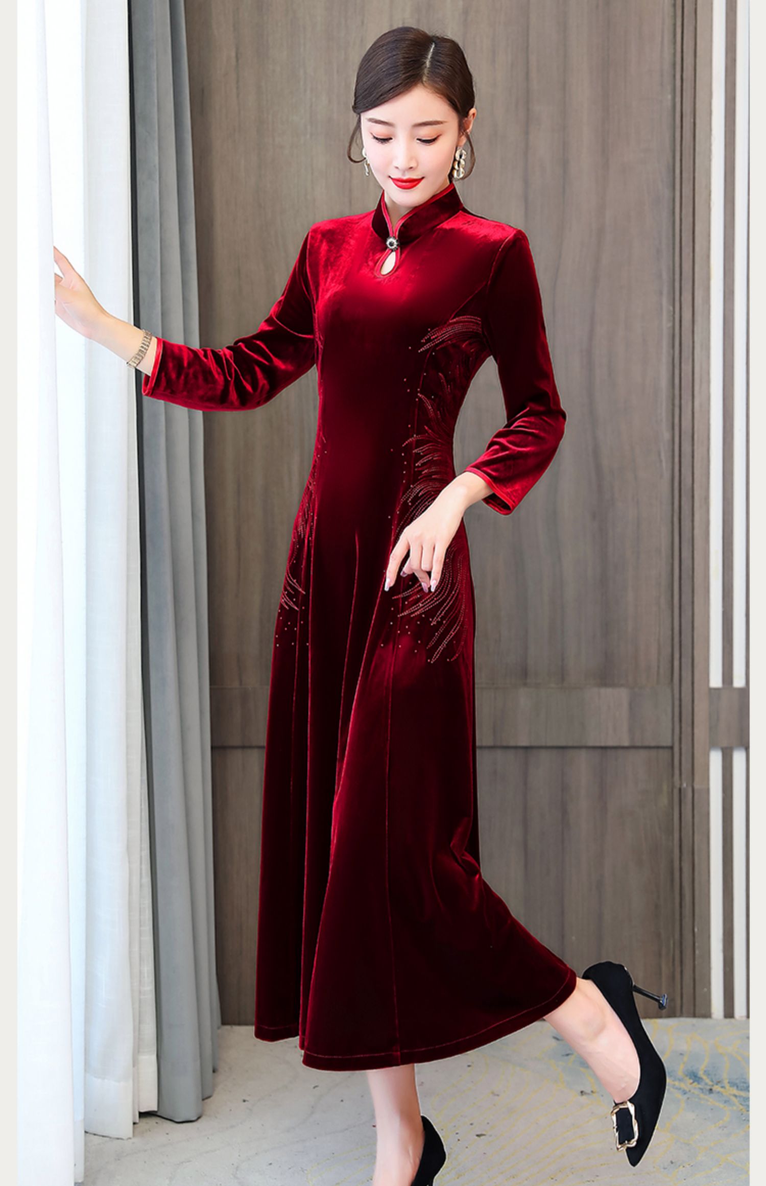 金丝绒旗袍连衣裙秋冬女高贵洋气冬裙加厚加绒打底长裙气质配大衣