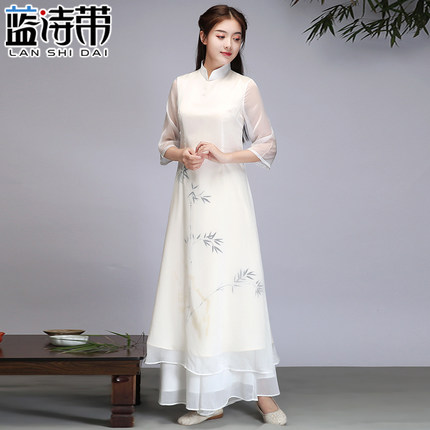 中国风女装茶服女修身雪纺禅舞旗袍连衣裙文艺复古改良禅意茶艺服