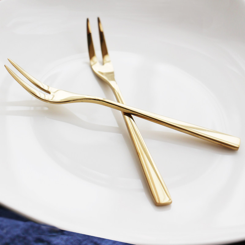 水果叉不锈钢蛋糕叉 欧式创意月饼叉子金色304不锈钢水果签甜品叉_7折