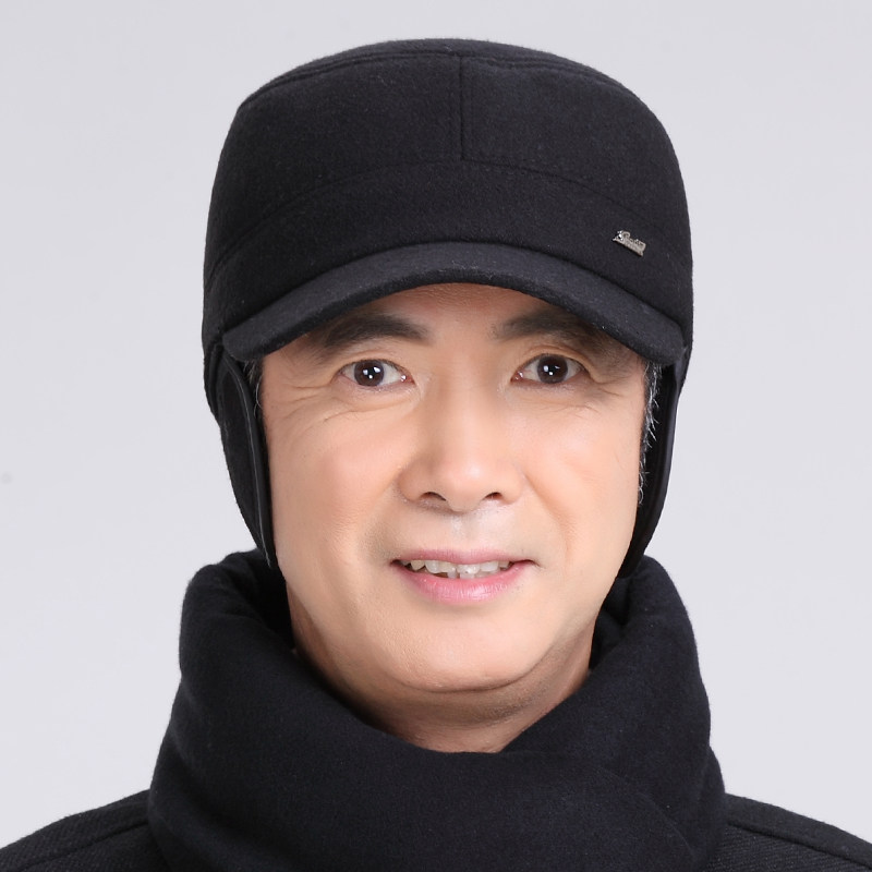 秋冬毛呢平顶军帽冬天中老年帽子男士老人男帽老年人帽护耳老头帽