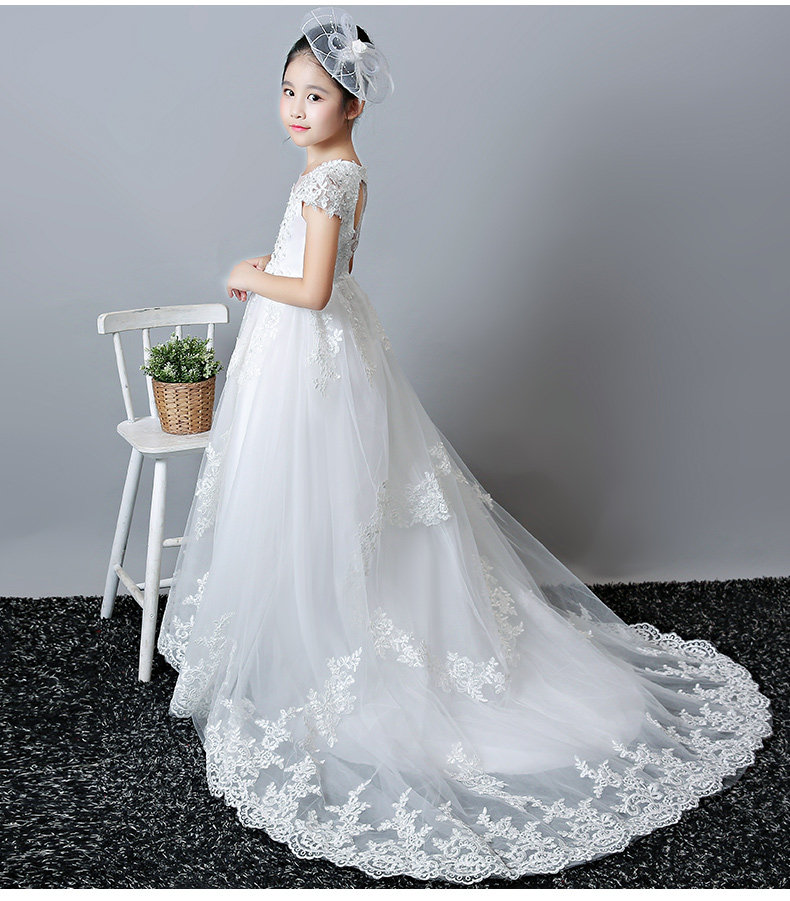儿童婚纱礼服公主女童蓬蓬白纱裙拖尾花童钢琴演出服走秀晚礼服