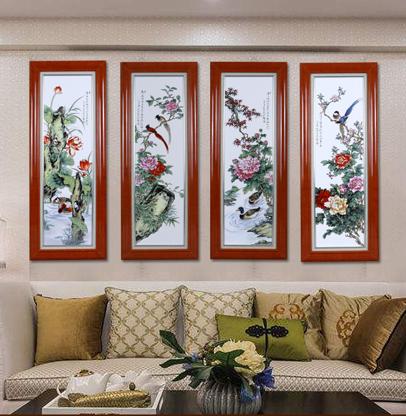 Jingdezhen ceramic porcelain plate painting landscape painting of flowers and birds painting four screen home sitting room sofa setting wall decoration