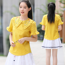 Embroidered small shirt middle school students summer clothes New Cotton Junior High School students fungus doll collar sweet lotus leaf sleeve shirt
