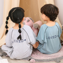 Summer thin childrens cold-proof conjoined pajamas cotton home clothes baby short-sleeved boys and girls air conditioning kick ha