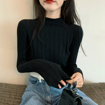 2021 Autumn Winter New Tight Fit Slim Fit Design Sensation Blouse Black Semi-High Collar Pit Bar Knit Undershirt Woman