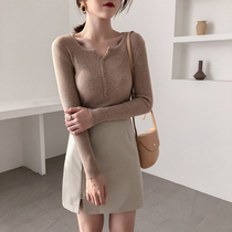 Spring and Autumn Korean version of Joker V-neck tight-fitting sweater top women slim slim long sleeve bottoming shirt sweater tide