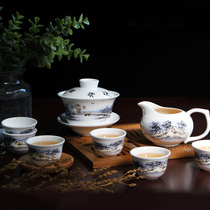 Tangshan Red Rose bone porcelain Kung Fu tea set Cover bowl Teacup Ink style gift box Fishing music figure 8 heads