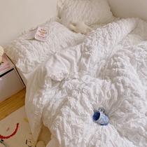 ins Han style pure cotton washed cotton bubble yarn four pieces of young girl hearts bubbly cream pure color quilt cover lace bedpint