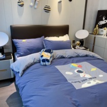 Children cartoon full cotton washed cotton patch cloth embroidered four-piece set male girl pure color blue quilt cover 1 2m bedding