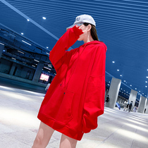 Red sweatshirt female spring and autumn thin model 2021 New loose plus velvet thick medium and long size fat mm coat senior sense