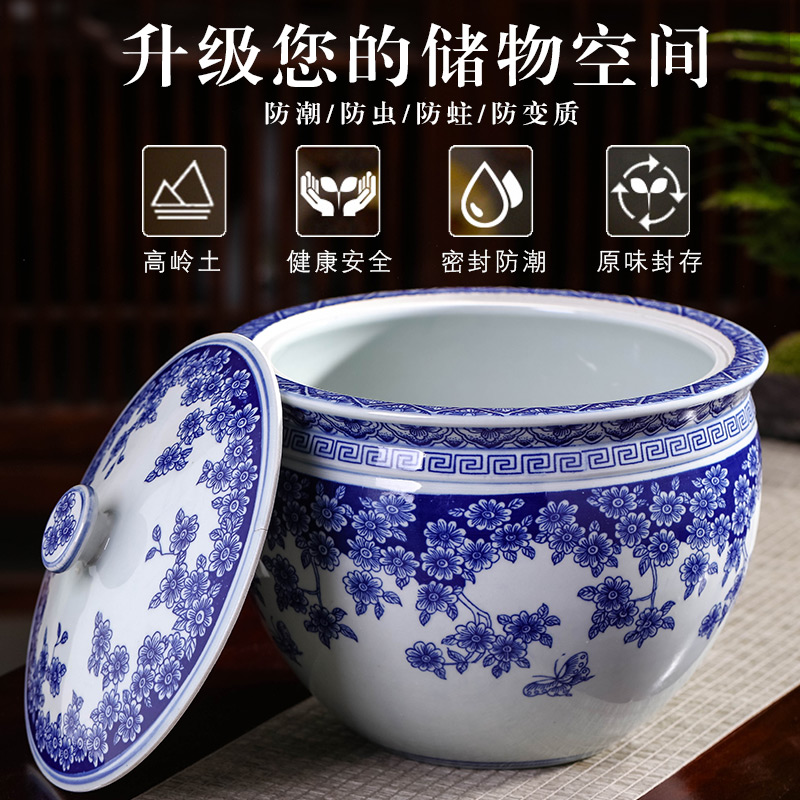 Jingdezhen blue and white porcelain tea pot with cover household ceramics from 20 jins puer tea cake storage tank sealing a large