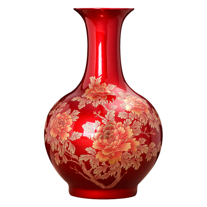Jingdezhen ceramic crystal glaze furnishing articles sitting room Chinese red paint peony vases flower arranging Chinese style household ornaments