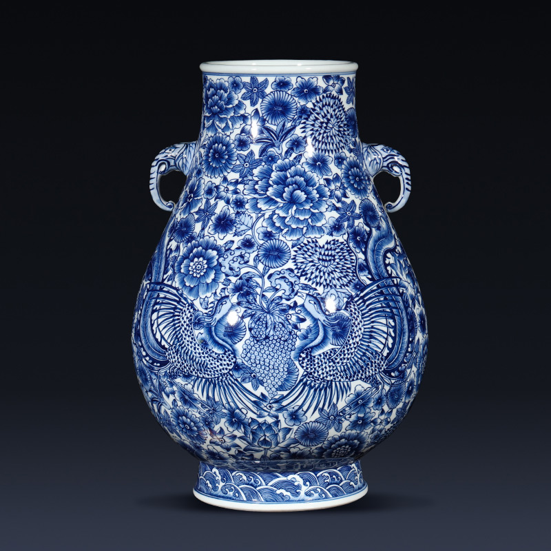 Jingdezhen ceramics imitation qianlong hand - made ears phoenix of blue and white porcelain vase flower implement new Chinese style living room furnishing articles