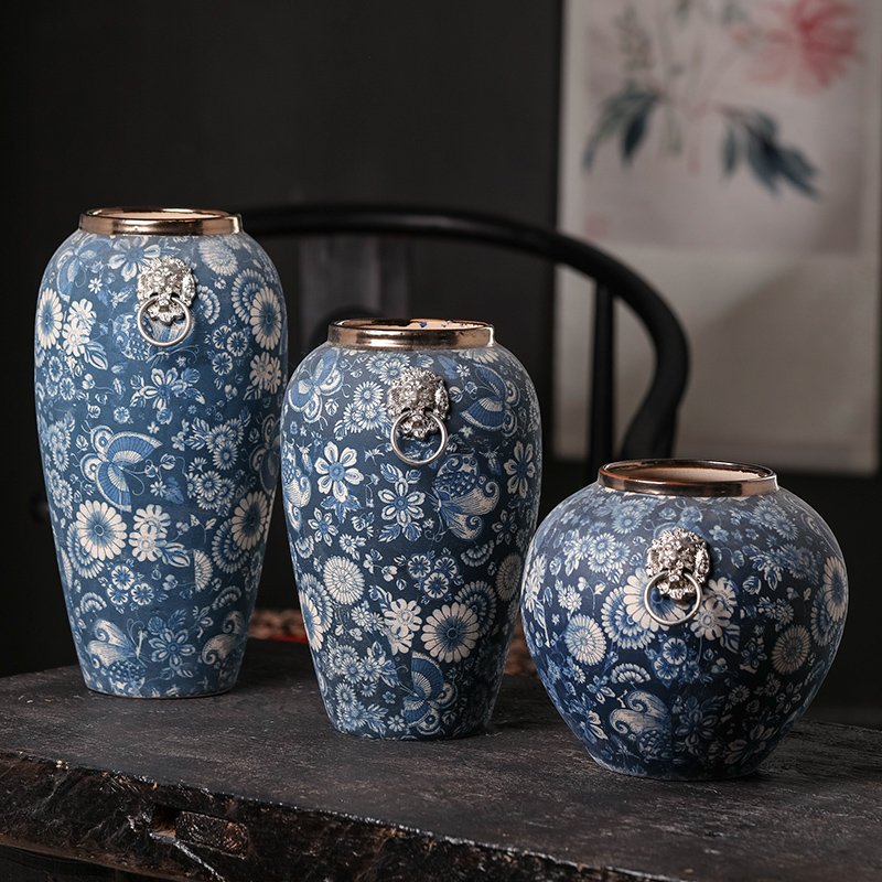 Jingdezhen ceramics archaize dried flowers of modern Chinese style living room home decoration flower arrangement of blue and white porcelain vase furnishing articles