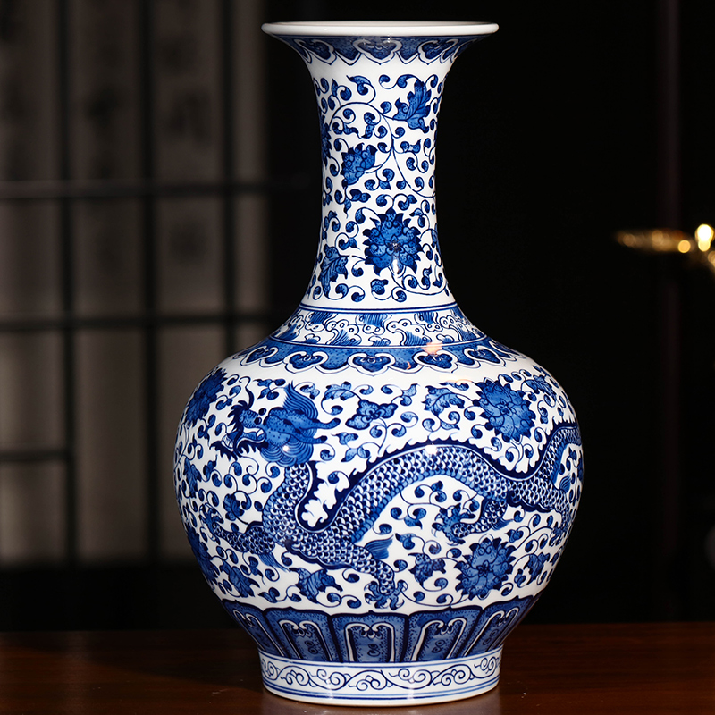 Jingdezhen ceramics hand - made dragon pattern of blue and white porcelain vase flower arrangement of new Chinese style living room office wine furnishing articles