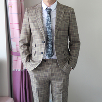 Advanced sense fried street suit mens camel colored plaid English slim fit autumn and winter 2021 new mens suit suit