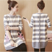 Pregnant woman Spring and autumn cash suit Korean version Loose Pure Cotton Blouse Pregnant pregnant woman suit Fashion stripe Middle-length Pregnancy Suit
