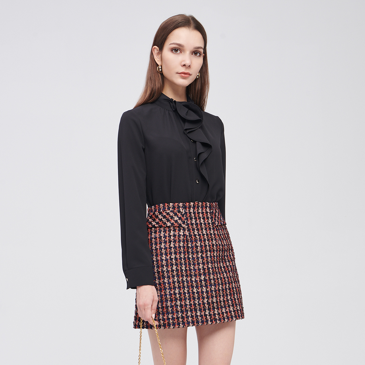 scofield women's 2019 autumn and winter new elegant commuter style stand-up collar lace trim shirt sfba98901l