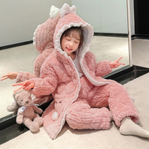 Girls pajamas autumn and winter three-layer cotton thickened coral velvet children flannel warm set home clothes