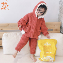 Childrens pajamas womens autumn and winter thickened warm coral fleece childrens flannel childrens baby home clothing set