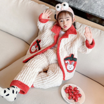 Girls pajamas winter three-layer cotton and velvet thickened coral fleece female baby flannel warm childrens home clothes