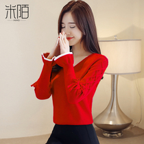 Early autumn red ladies sweater womens spring and autumn 2021 new long sleeve short coat autumn knitted base shirt