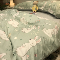 Cute Ins Little Fresh Naïve Rabbit Four Pieces All Cotton Pure Cotton 1 8m Quilt Cover Bed Linen Green Cartoon Bed