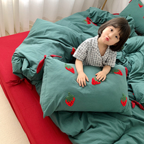ins hipster water washing cotton three-dimensional embroidery four-piece cotton cotton strawberry green three-piece sheet quilt cover