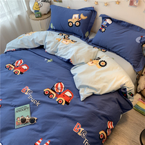 ins hipster polished cartoon thickened warm four-piece engineering vehicle student dormitory three-piece cotton quilt cover