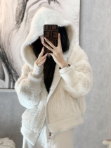 Hooded cardigan jacket womens fur sweater loose thick lazy top gentle retro design feel wear autumn and winter