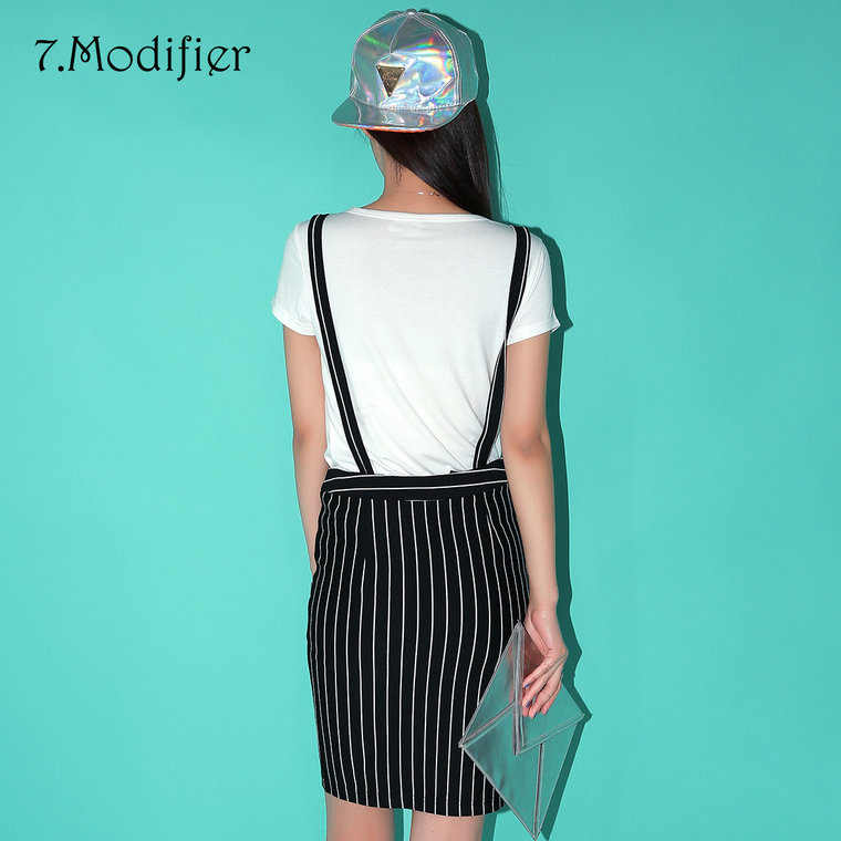莫丽菲尔 2015夏新款 竖条纹印花背带裙 修身半身裙70003973