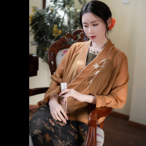 ) Forget worry)Spring and summer new Chinese Chinese elements retro loose casual tencel embroidered collar cardigan zen tea dress